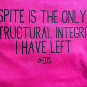 May include: A bright pink t-shirt featuring the black text SPITE IS THE ONLY STRUCTURAL INTEGRITY I HAVE LEFT followed by the hashtag #EDS. The fabric has a visible weave and the lettering is printed in a clean, sans-serif font across the chest.
