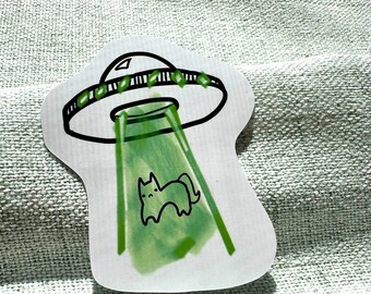 Alien Cat Sticker, UFO Cat Sticker, Vinyl Sticker, UV Resistant and Waterproof, Perfect For Laptops, Water Bottles, Notebooks, Planners