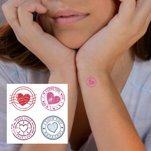 Sello con apariencia de sello postal Tatuajes temporales: 4 diseños y colores diferentes: sello de corazón de San Valentín con Te amo