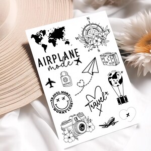 Reise Tattoo Set – Temporäre Tattoos Travel & Adventure – Flugzeug, Kompass, Weltkarte