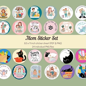 Funny Mom Life PNG Digital Sticker Bundle | Cat Mom Quotes | Mother’s Day Printable Stickers | 24 PNGs + PDF Sheet | Goodnotes & Planner Use