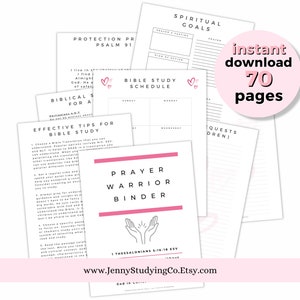 Peut inclure: Un classeur de guerrier de la prière imprimable avec un schéma de couleurs rose et blanc. Le classeur comprend un horaire d'étude biblique, des demandes de prière et des pages d'objectifs spirituels. Le texte "téléchargement instantané 70 pages" est dans un cercle rose.