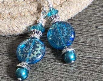 Tidal Swirl- Teal Blue, Beach, Ocean, Sea, Earrings, Dangle earrings, Crystal, Pearls, Nautilus