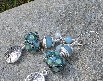 Sea Jewels, Lampwork Beaded, Sterling Silver, Tropical Sand Dollar Earrings