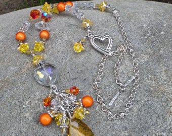 You Are My Sunshine Necklace, Beaded Heart Charm Pendant Necklace, Yellow, Orange, Hearts, Crystal, Silver