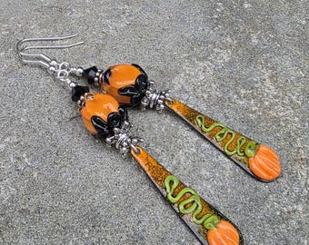 Pumpkin Patch and Roses Halloween Earrings, Lampwork Beads, Enamel, Artisan Made,  Autumn, Fall, dangle earrings