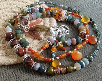 Harvest Moon wrap bracelet / necklace, beaded bracelet, acorn, fall, autumn, artisan lampwork bead bracelet, leaf toggle clasp