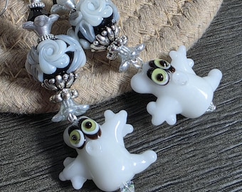 Ghosts in the Rose Garden - Halloween Lampwork Bead Earrings, Cameo Roses, black, white, romantic floral,  dangle earrings