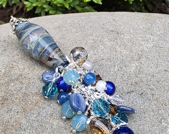 Ocean Deep, Lampwork Bead, Beaded Charm Necklace Pendant, freshwater pearls,  starfish,  gemstone, blue, aqua, dangle pendat