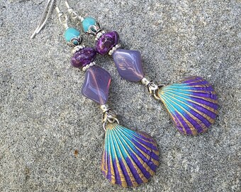 Mermaids Treasure Earrings,   beachy, she'll,  purple and aqua, beaded earrings