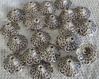 Bead caps, oranate filigree scrolling end caps, silver tone brass, 18mm