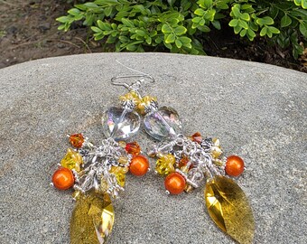 You Are My Sunshine, Beaded Heart Charm Earrings, Yellow, Orange, Hearts, Crystal, Silver