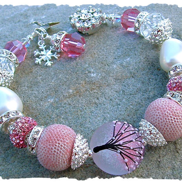 Winter Cherry Blossoms- Artisan Lampwork Bead Bracelet, Beaded