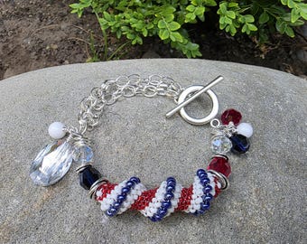 Old Glory, Artisan Beaded Bracelet, Red, White, Blue, seed bead, twisted tube