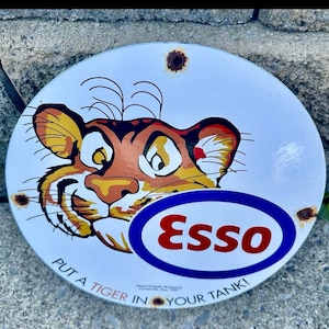 Vintage Esso Tiger Porcelain Sign Gas Motor Oil Pump Plate Station Metal Garage Mancave Advertising