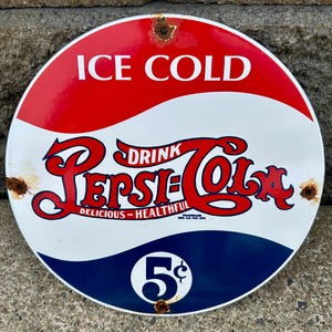 Vintage Pepsi-Cola Porcelain Sign Pop Soda Bottle Restaurant Garage Mancave Advertising Cola Pepsi