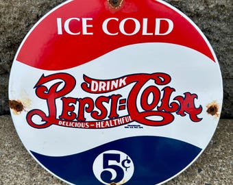 Vintage Pepsi-Cola Porcelain Sign Pop Soda Bottle Restaurant Advertising Cola Pepsi