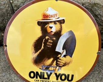 Vintage Smokey the Bear Porcelain Sign Forest Camping Park Ranger