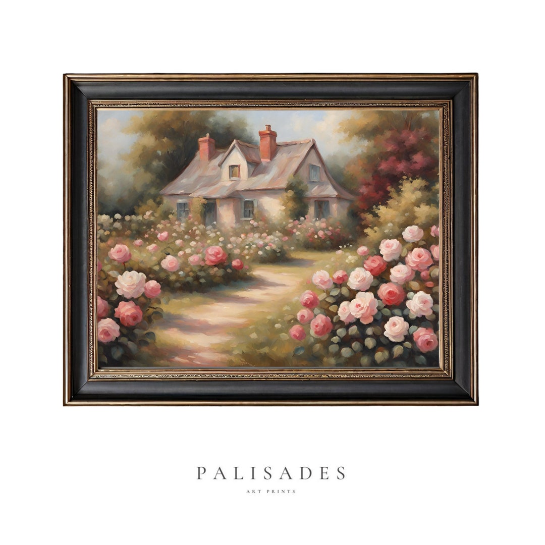 Rose Garden Wall Art | Cottage Oil Painting | Summer Vintage Muted ...