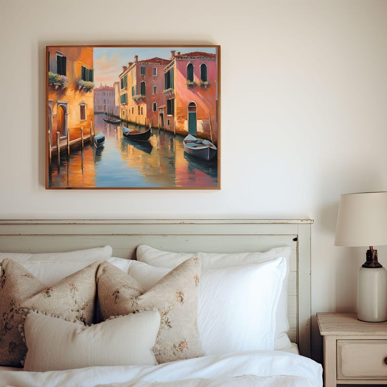 Vintage Venice Canal Oil Painting Italy Wall Art Print European Decor