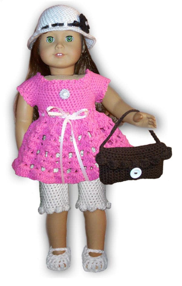 30 American Girl Crochet Patterns for Dresses, Accessories, and Giftable Doll Looks 23 Brimmed Hat, Top, Capris, Shoes, and Purse