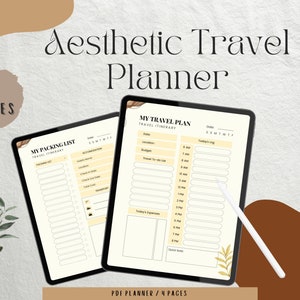 May include: A digital tablet displaying a printable travel planner with four pages. The planner includes a packing list and a travel itinerary with sections for dates, location, budget, to-do list, and a daily log. The planner has a light yellow background with brown accents.