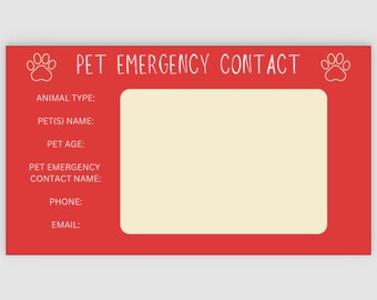 Pet Emergency Card Printable In Case of Emergency, Contact Card, Safety Card, Pet Home Alone, Pet Rescue Card, Pet Health Card, Pet ICE Card