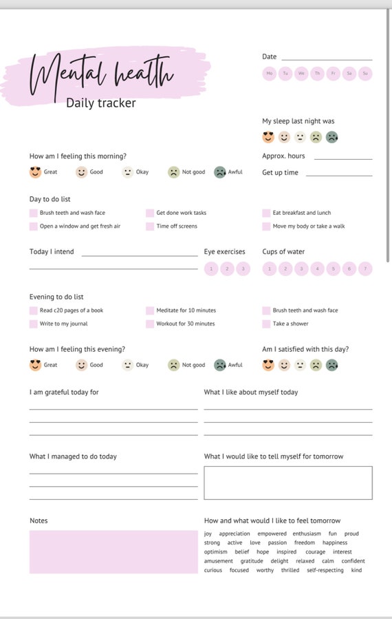 Digital Mental Health Tracker, Digital Mental Health Journal, Self Care Digital Planner, Therapy, Anxiety, Gratitude, Mood Tracker