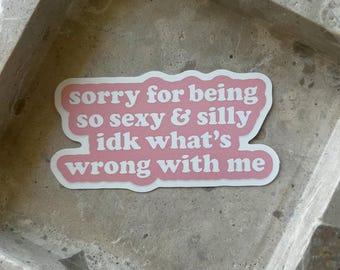 Può includere: Un adesivo rosa e bianco con la scritta "sorry for being so sexy & silly idk what's wrong with me" è esposto su un vassoio grigio strutturato. L'adesivo ha una forma rettangolare arrotondata con sfondo rosa e testo bianco.
