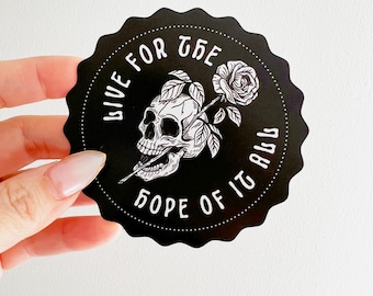 Autocollant « Vivez pour l'espoir » | Autocollant vinyle crâne et rose | Style tatouage gothique pour ordinateur portable, carnet, gourde