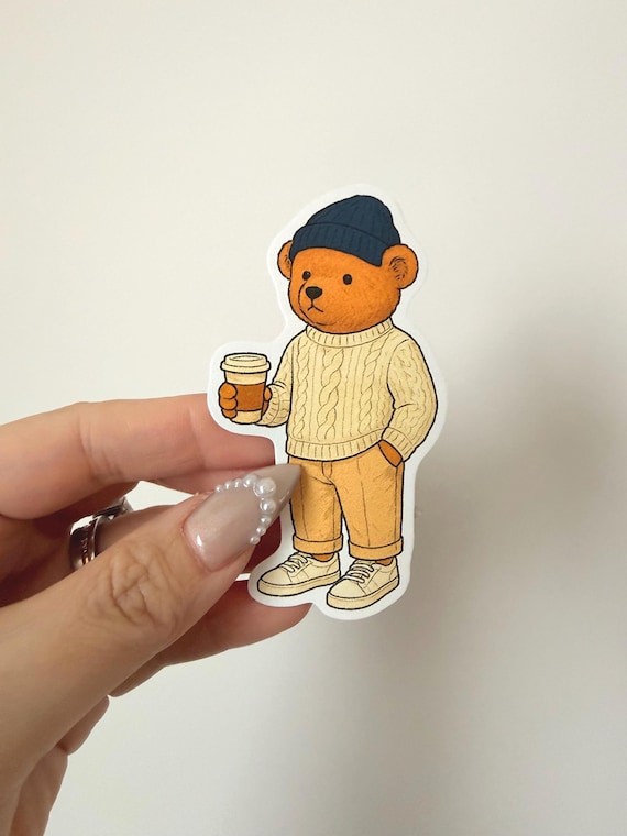 Cozy Aesthetic Coffee Bear or Martini Bear Sticker – Cute Sweater Bear, Preppy Winter Vibes, Journaling & Laptop Vinyl