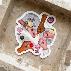 Caviar Bump Sticker – Aesthetic Luxe Vinyl Decal with Hands, Caviar & Oysters, Foodie Glam Sticker for Laptop, Water Bottle, Journal