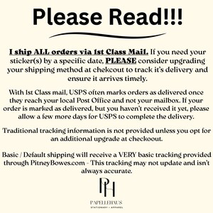 May include: A cream-colored graphic with the text "Please Read!!!" at the top. The text below explains shipping details, including 1st Class Mail, tracking, and delivery times. The Papellehaus logo is at the bottom.