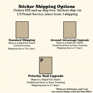 May include: An informational graphic titled "Sticker Shipping Options" with details on shipping methods: Standard, Ground Advantage Upgrade, and Priority Mail Upgrade. The graphic includes estimated shipping times and notes about the US Postal Service.