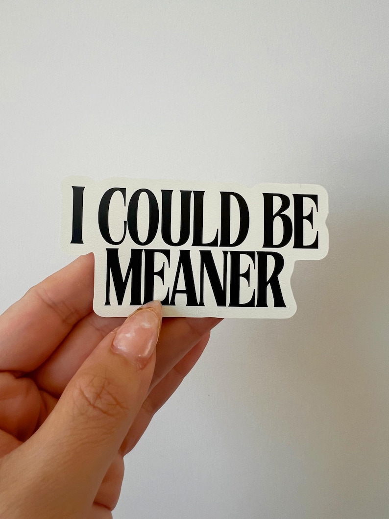 以下が含まれることがあります： 太字の黒い大文字で「I COULD BE MEANER」と書かれた長方形のステッカー。白い背景に、手でステッカーを持っています。ステッカーの端はわずかに丸みを帯びています。