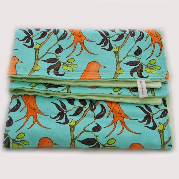 Minky Dot Chenille Baby Woobie Blanket Treetop Fancy Aqua and Orange Birds