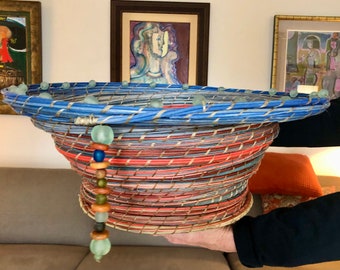 PANAMINT PALETTE  Colossal hand woven pine needle & reed basket. Centered with agate, rim, tail has African glass and rare old Navaho beads