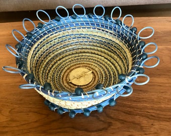 BLUE SKY  Large pine needle and reed basket with Traditional Brass African Baule Sun Pendant and African glass beads.