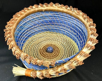 AZURE HEAVENS  Lapis Lazuli centers this big beautiful basket. Woven with pine needle and dyed reed. Gift yourself or others this rare find