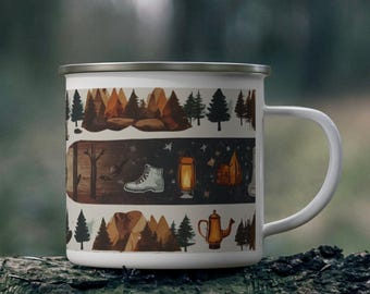 Enamel Camping Mug, Outdoor Adventure Design, 12oz