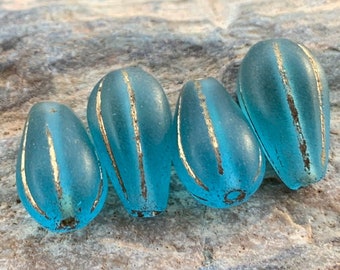 Czech Glass Beads - Tear Drop Beads Matte Aqua Bronze Picasso 13mm (11 - 24)