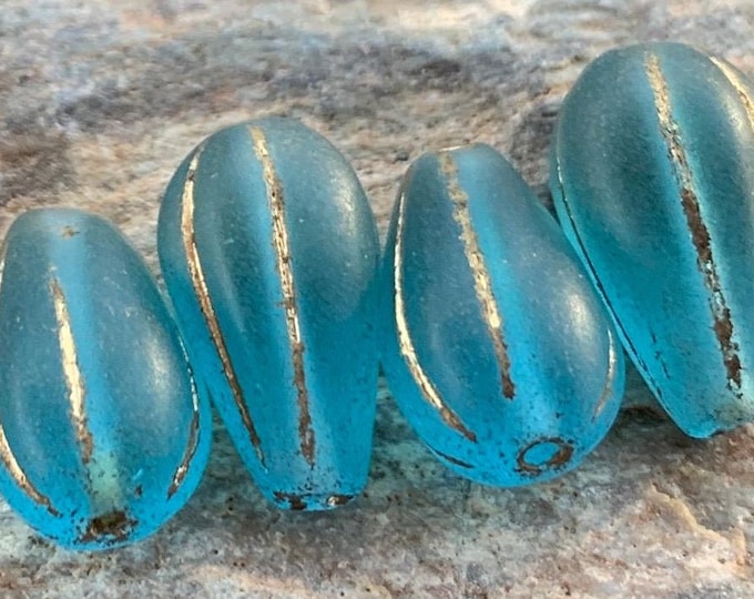 Czech Glass Beads - Tear Drop Beads Matte Aqua Bronze Picasso 13mm (5 - 25)