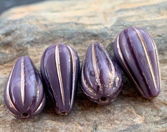 Czech Glass Beads  Tear Drop Beads Opaque Purple Bronze Picasso 13mm BX 9 27