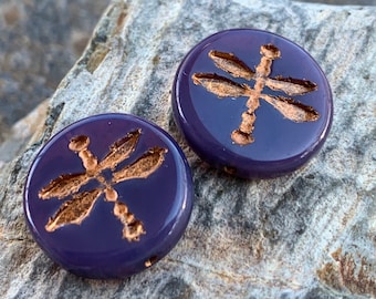 2 Dragonfly Beads - 17mm Czech Glass Beads - Milky Purple Bronze Picasso (BX 11 - 24)