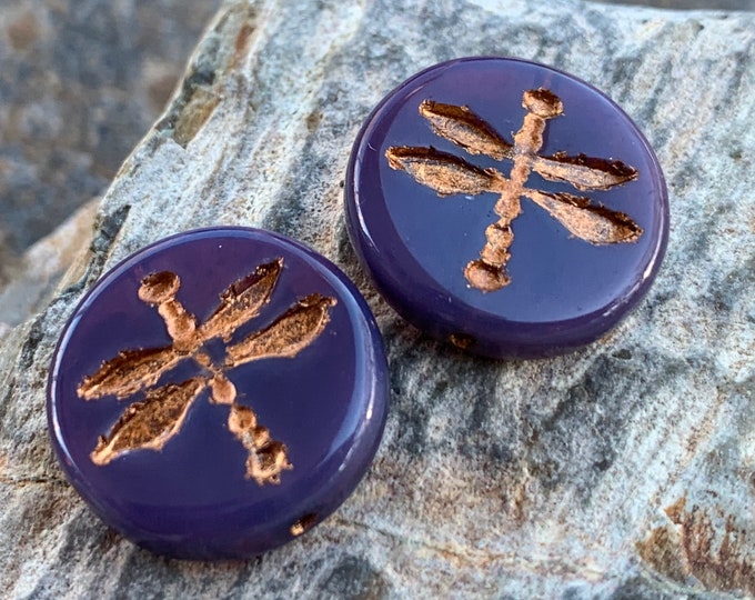 2 Dragonfly Beads - 17mm Czech Glass Beads - Milky Purple Bronze Picasso (BX 11 - 24)