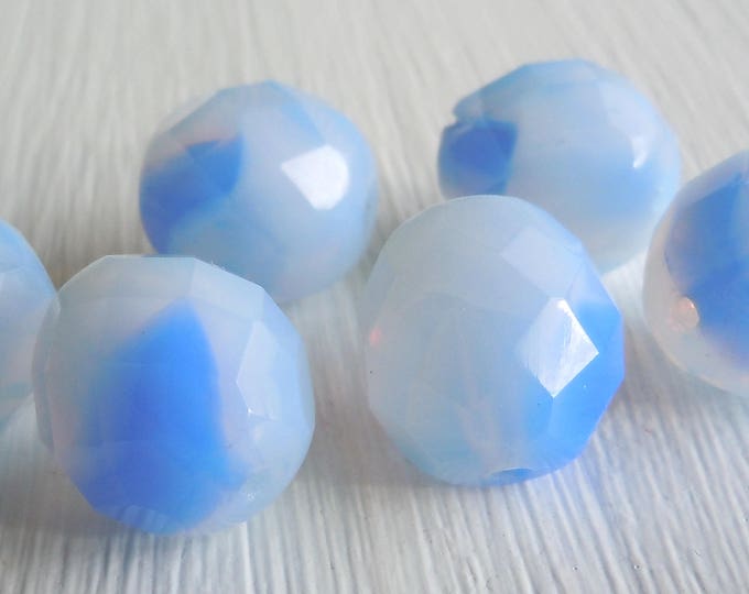 Czech Large Round Beads - Firepolished Faceted 12mm Large Beads Milky White Blue Sapphire 11 - 24