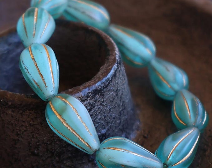 Czech Glass Beads - Tear Drop Beads Capri Blue White Bronze Picasso 13mm (BX 12 - 18)