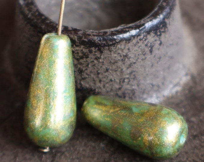 2 Czech Glass Beads - Tear Drop Beads Turquoise Bronze Picasso 19mm Drop