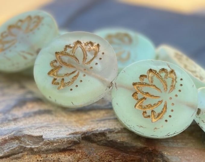 Lotus Bead Czech Glass Bead 18mm Coin Matte Crystal Mint Bronze Inlay Picasso  9 - 29