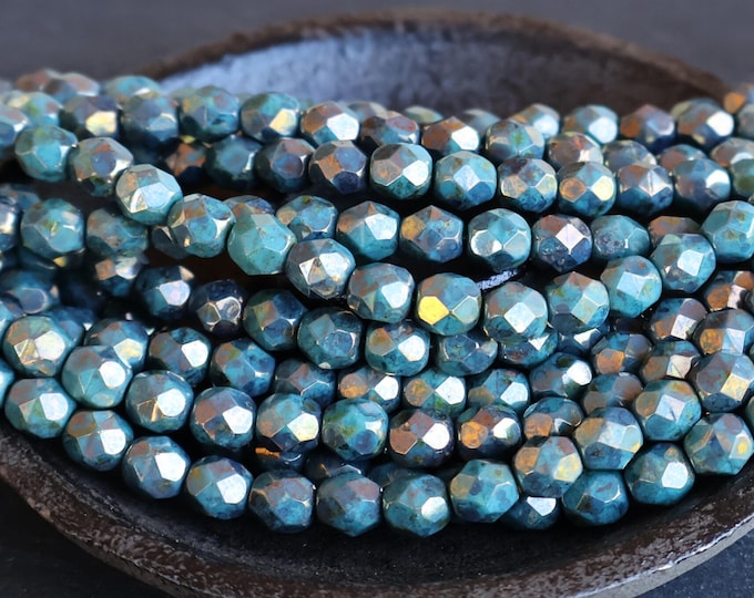 6mm Czech Picasso Turquoise Bronze Glass Beads Firepolished Faceted - Ancient Oracle (1 - 4)